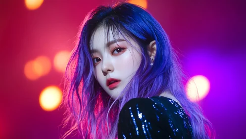Neon-lit portrait of violet-haired performer in bokeh haze.