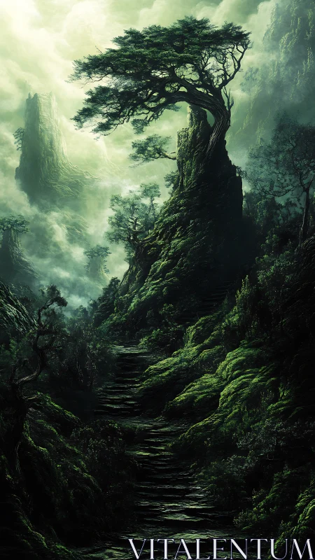 Ancient Tree Crowns Misty Mountain Gorge.