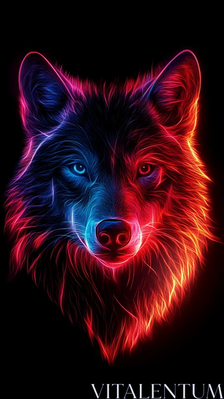 Neon-lit wolf portrait in dual blue and red glow.