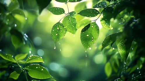 Rain-kissed green leaves glowing through soft forest light.