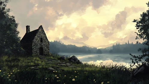 Stone lakeside cottage at dawn with misty conifer forest