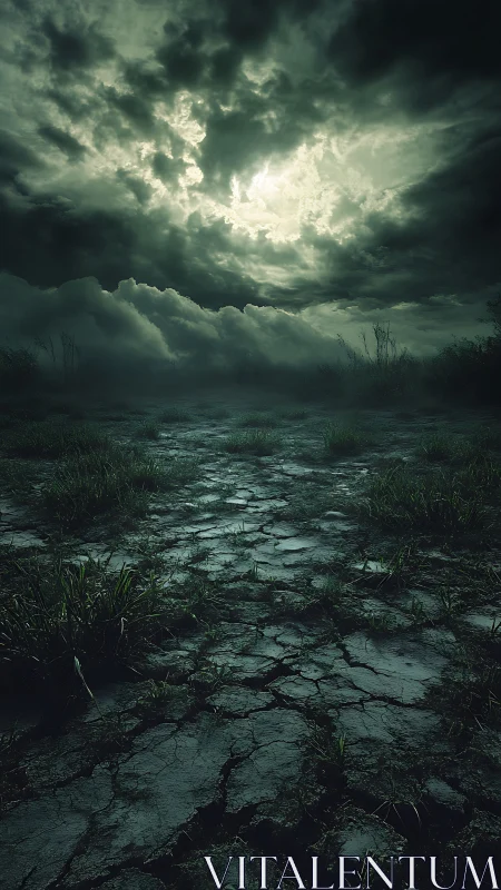 Stormlit cracked earth under ominous green clouds.