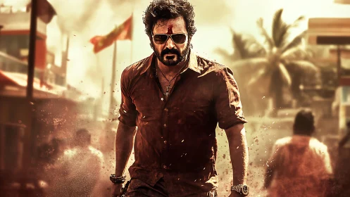 Defiant action hero strides through sunlit dusty street.