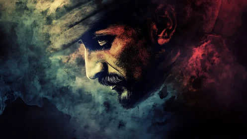 Moody portrait in drifting smoke and soft ember light.