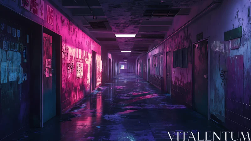 Neon-stained abandoned corridor humming with midnight echoes.