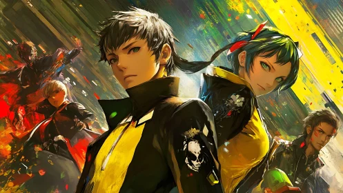 Defiant anime squad stands against swirling neon chaos