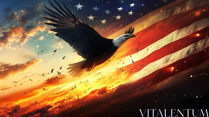 Soaring eagle ignites a blazing sky of American stripes.