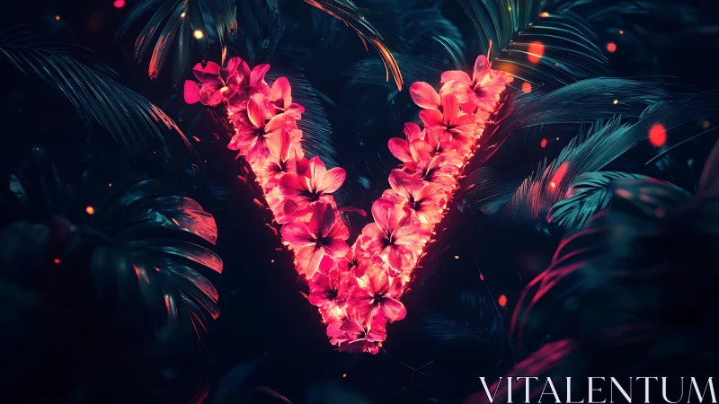 Neon floral V glows like living light in a lush night jungle