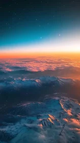 Celestial dawn above snowcapped mountains in vivid gradient sky.