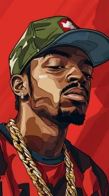 Vectorized hip hop portrait with faceted shading on red field.