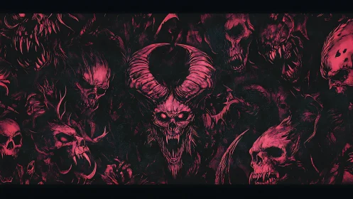 Infernal horned demon amid chaotic crimson skull swarm.