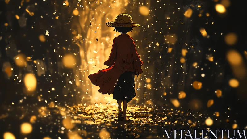 Backlit wanderer framed by volumetric bokeh particles.