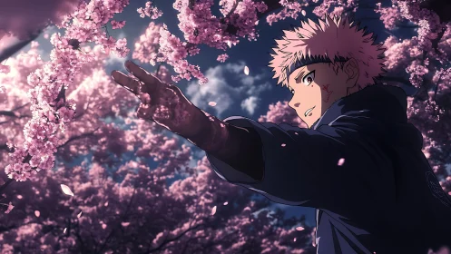 Anime hero under glowing cherry blossoms at dusk.