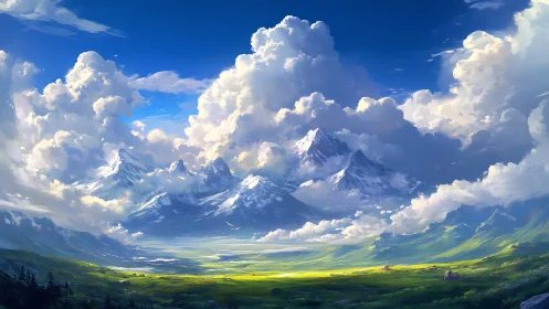 Vast snowy mountain range under towering bright clouds.