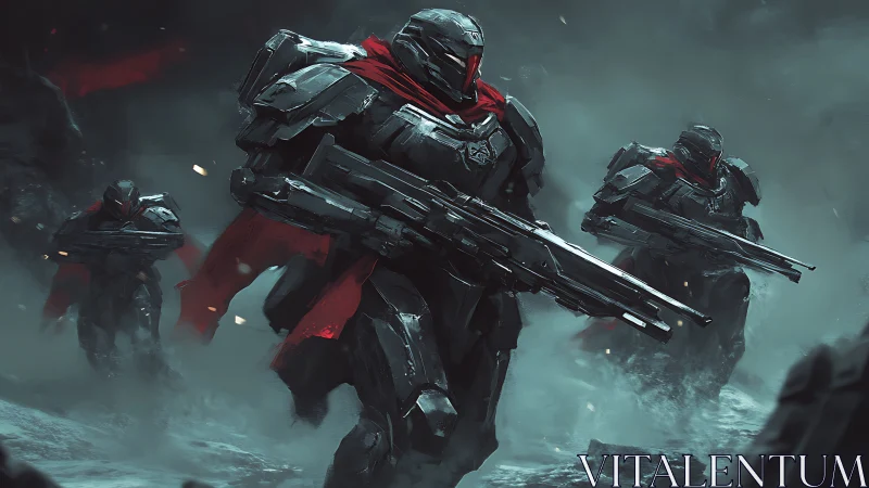 Armored sci fi infantry squad advancing through arctic fog