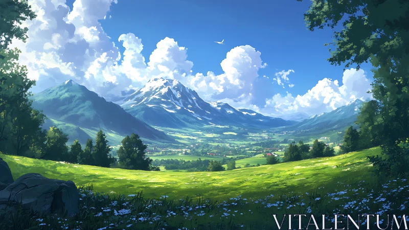 Panoramic alpine valley under cumulonimbus-laden summer sky.