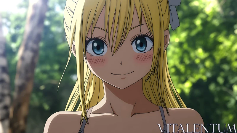 Sunlit blonde anime girl sharing a shy forestside smile.