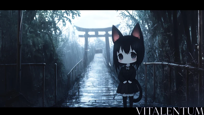 Cat-eared chibi girl on rainy shrine bridge in twilight.