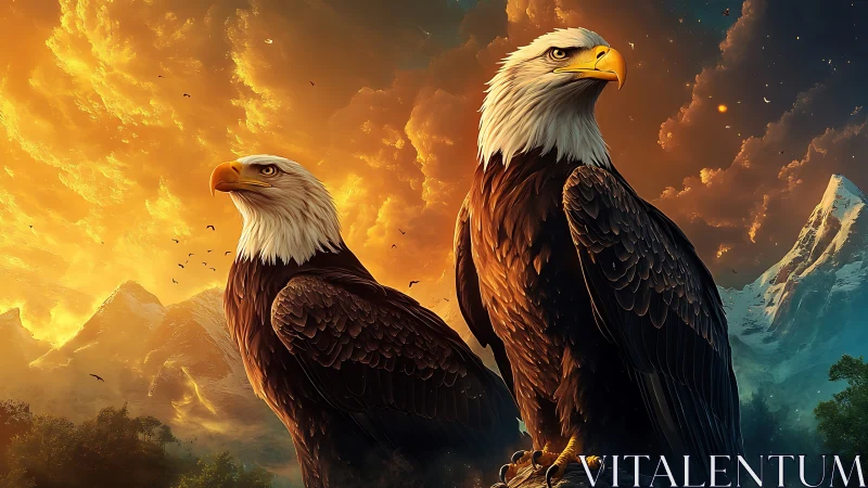 Majestic Bald Eagles in Vibrant Mountain Sunset Digital Art.