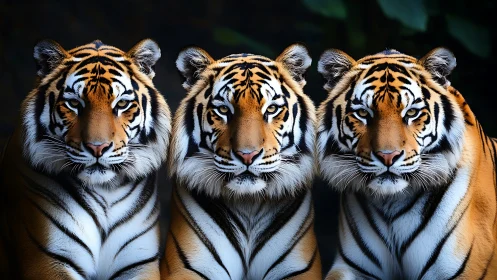 Three Bengal Tigers with Striking Blue Eyes Against Dark Background.