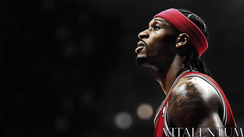 Basketball player in red jersey looks upward during game