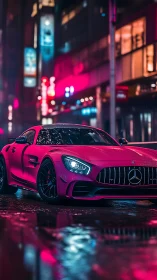 Neon-lit Mercedes AMG GT in rain-soaked urban alley with reflective bokeh
