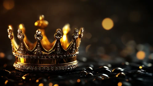 Macro close-up of jeweled golden crown on wet reflective surface