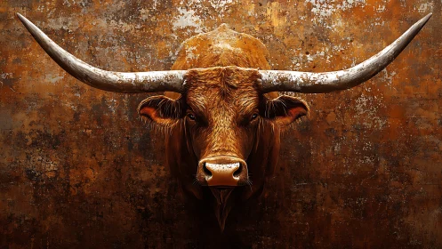 Longhorn bull portrait against distressed rust wall.