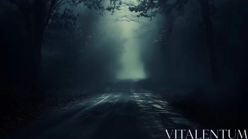 Nocturnal wet forest road receding into dense blue fog.