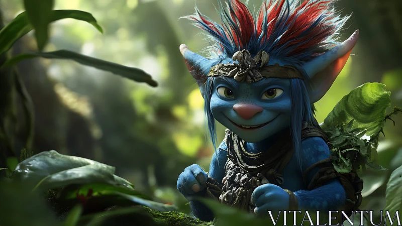 Blue forest creature stands among foliage in soft daylight