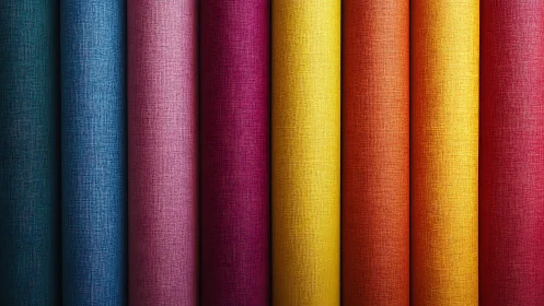 Color spectrum fabric rolls form bold vertical gradient display.
