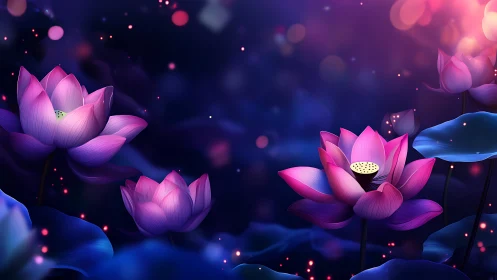 Neon lotus flowers bloom in dark purple water environment