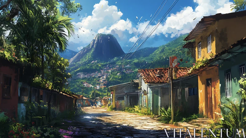Hillside town street with mountain backdrop under daylight.