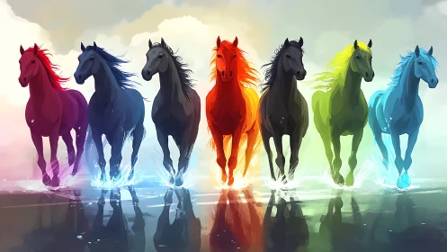 Chromatic horses gallop across reflective water in stylized light