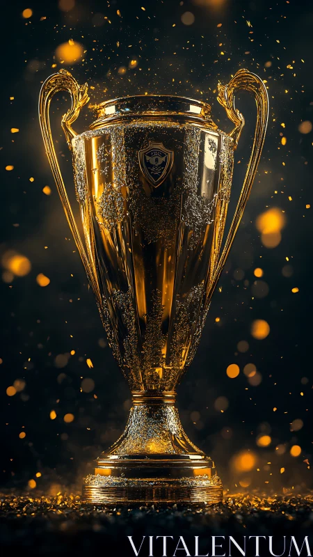 Gold championship trophy in dark background lighting.
