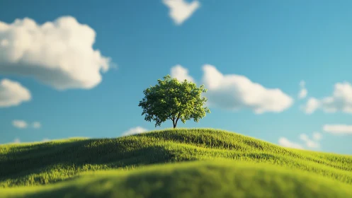 Lone green tree on rolling hills under bright sky.