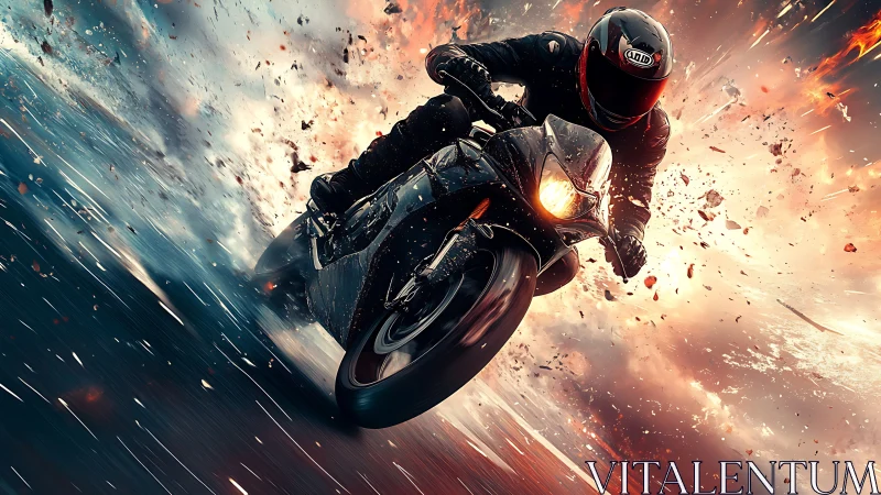 Sport motorcycle in high-speed lean with explosive debris field