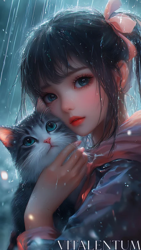 Tender rainy night embrace between girl and her kitten.