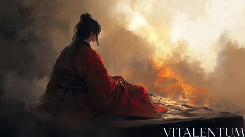 Solitary robed figure on ledge observing distant firelit horizon