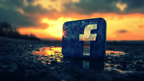Facebook logo block on wet ground under sunset sky.