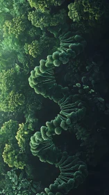 Bioluminescent DNA helix coils through dense emerald foliage.
