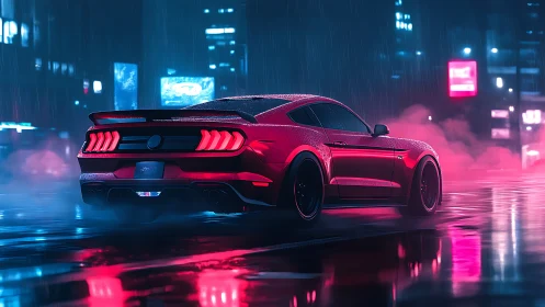 Red sports car is rendered in neon lit wet city street scene