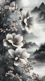 White Flowers with Misty Mountains Background Composition