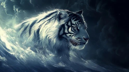 Storm-tossed white tiger walks the ocean like frozen thunder