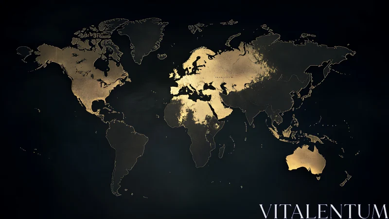 Metallic world map silhouette shows continents on dark field