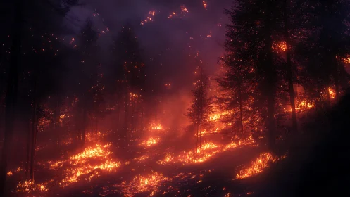 Massive forest fire with intense flames through dense trees