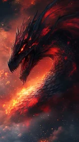Infernal dragon coils through burning storm of embers.