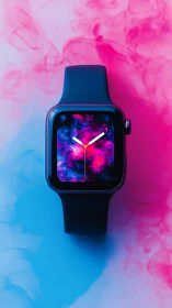 Smartwatch with neon galaxy dial on gradient vapor background.