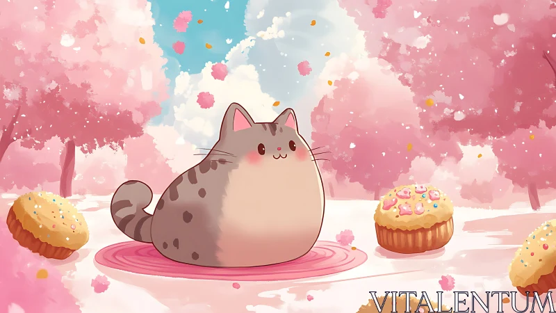 Plump Cat Surrounded by Pastries in Dreamy Pink Landscape