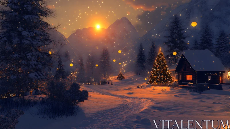 Snowlit cabin and lantern-bright pines under ember skies.